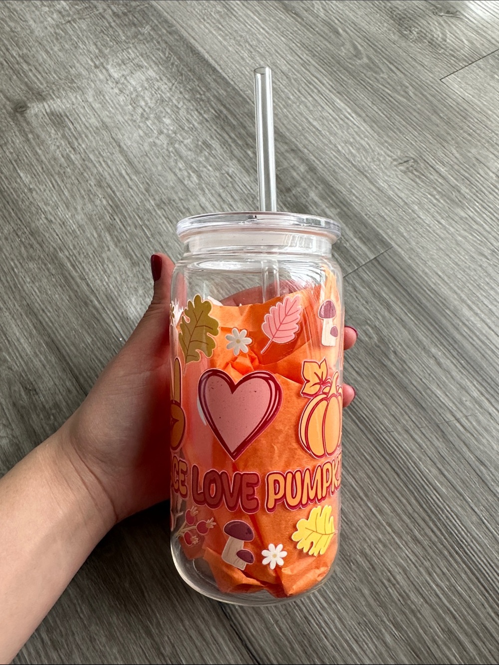 Fall-Themed Orange Pumpkin Heart Tumbler with Straw